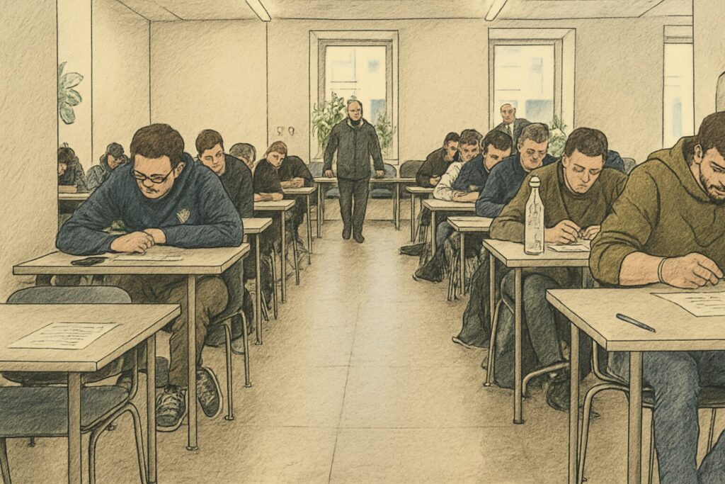 Illustration eines Prüfungssaals: Kandidaten schreiben an Einzeltischen, ein Aufsichtsführender geht durch die Reihen