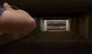 Blick über die Schulter des Schützen mit angeschlagener Flinte in die Schießbahn